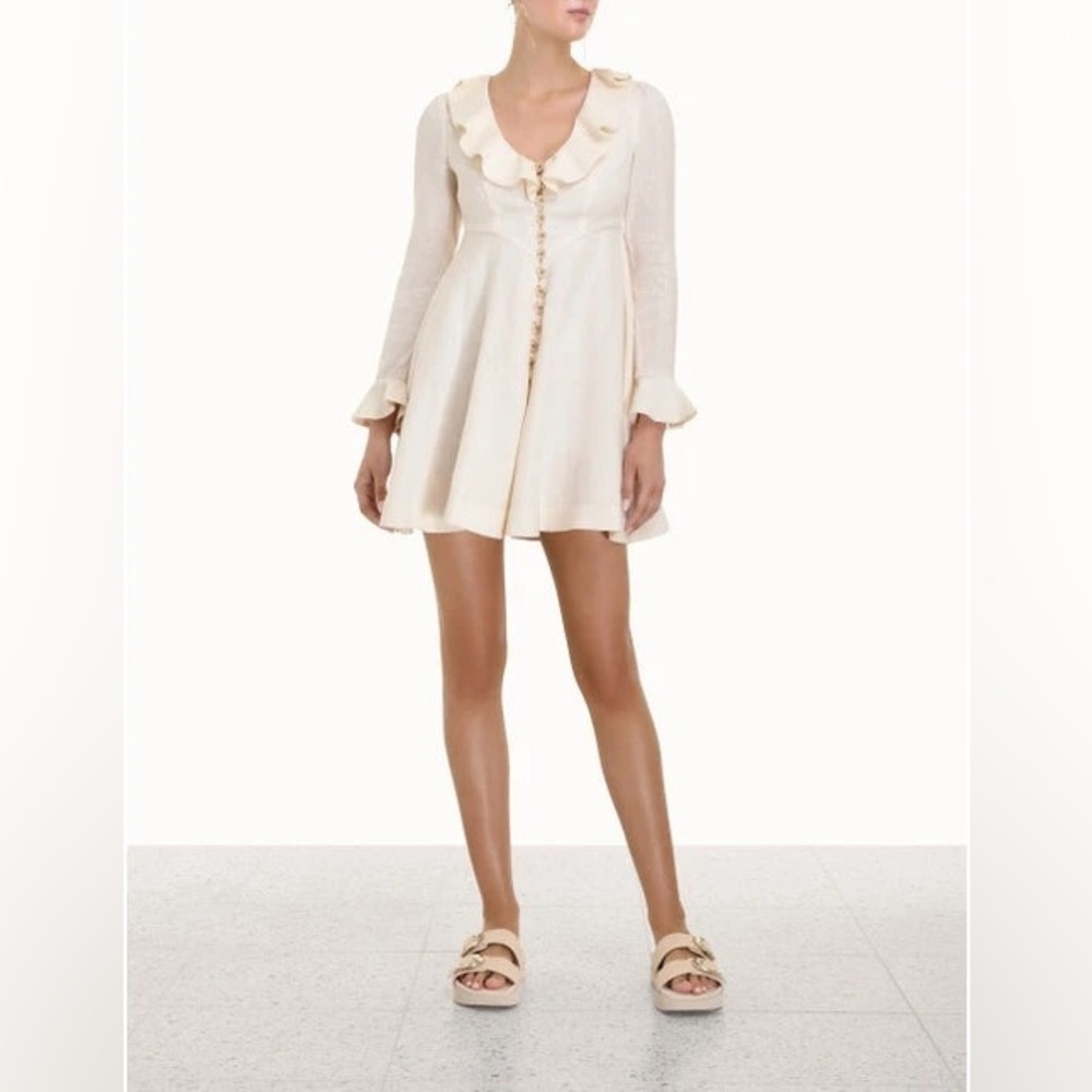 NWT Zimmermann Cream Linen Daisy Mini Dress Ruffle Long Sleeve AU 0P (US 2P)